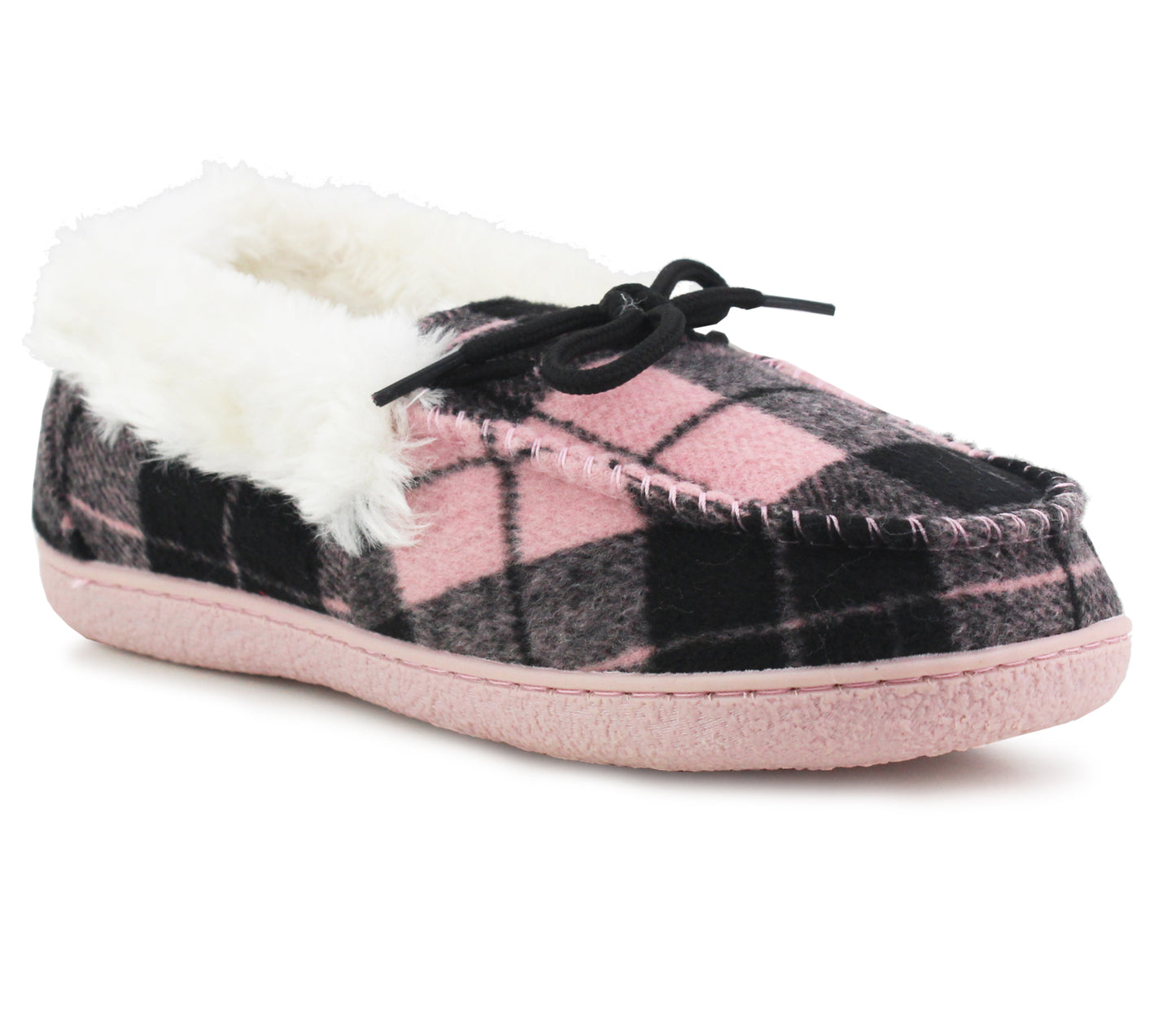 MINA Womens Faux Fur Check Slippers in Pink