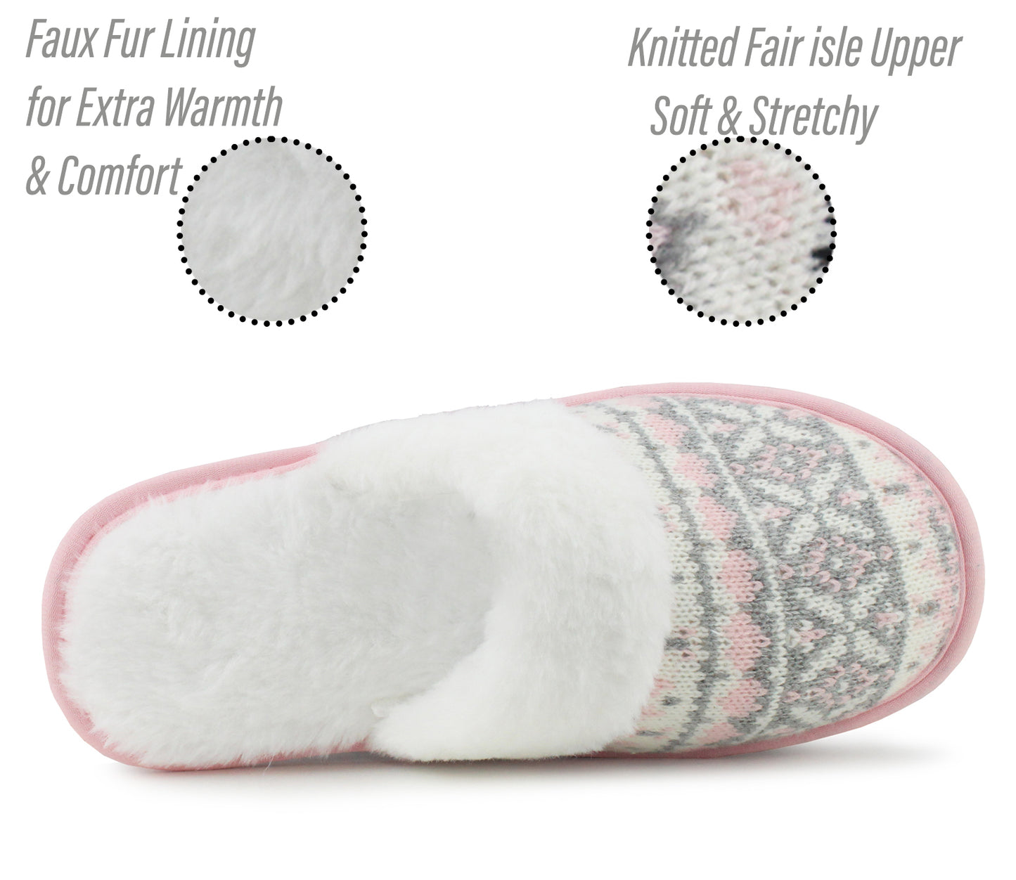 B589673 Womens Faux Fur Fair isle Mules Slippers Pink