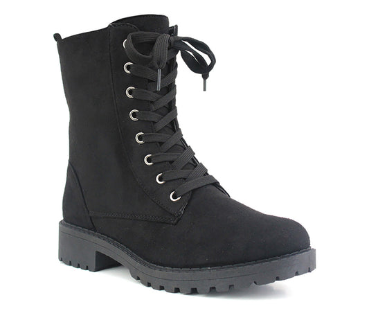 B776123 Womens Faux Suede Fashion Combat Boots in Black