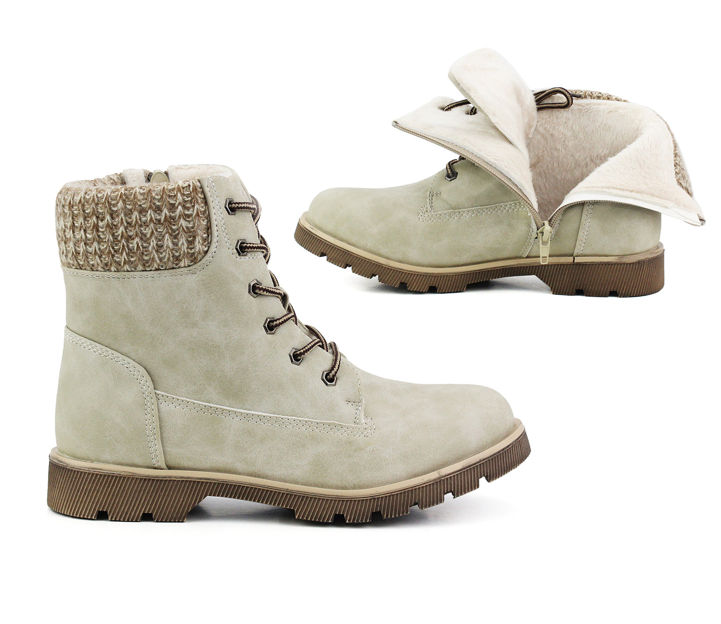 B776648 Womens Faux Fur Lined Combat Boots in Beige