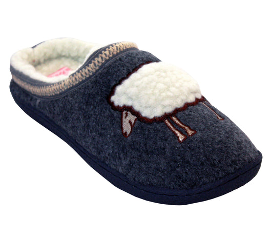 BEATRIX Womens Faux Fleece Lined Mules Sheep Slippers in Navy