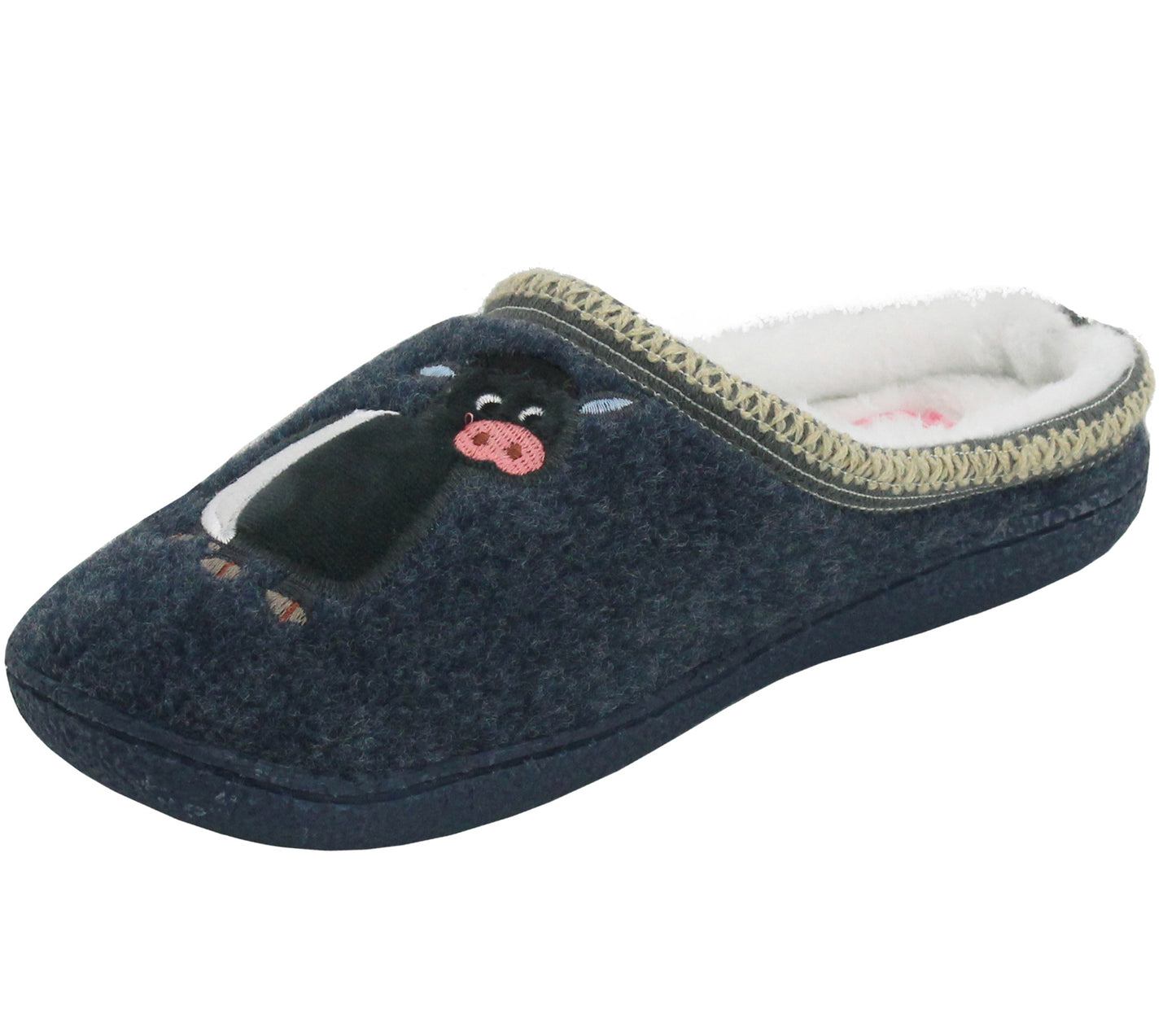 GALLOWAY Womens Faux Fleece Lined Mules Cow Slippers in Navy