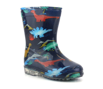 T-REX Boys Kids Dinosaur Wellington Boots in Navy