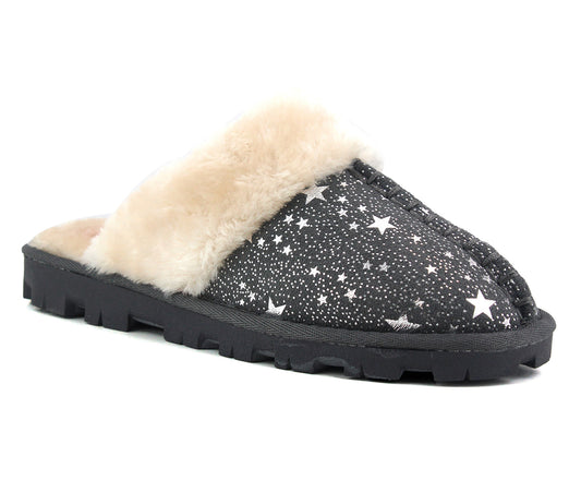 HELEN Womens Faux Fur Lined Mules Star Slippers in Grey