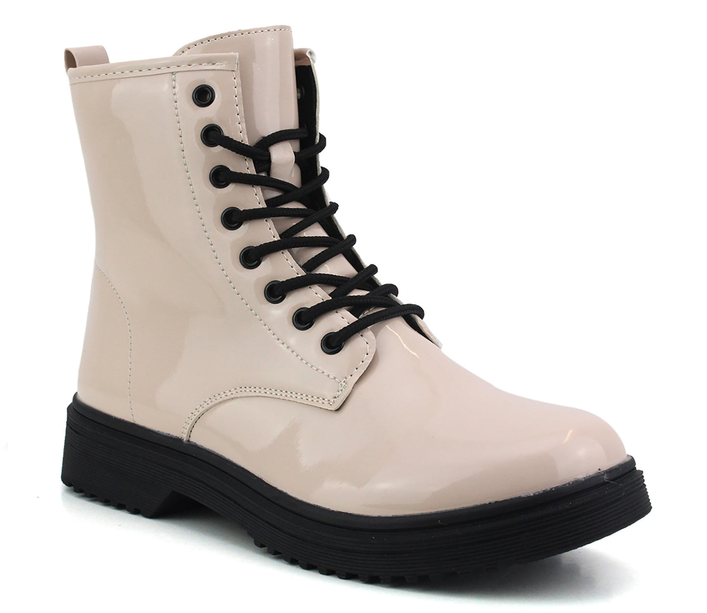 B777020 Womens Patent Combat Boots in Beige