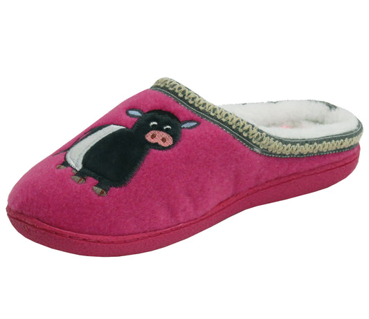 GALLOWAY Womens Faux Fleece Lined Mules Cow Slippers in Pink