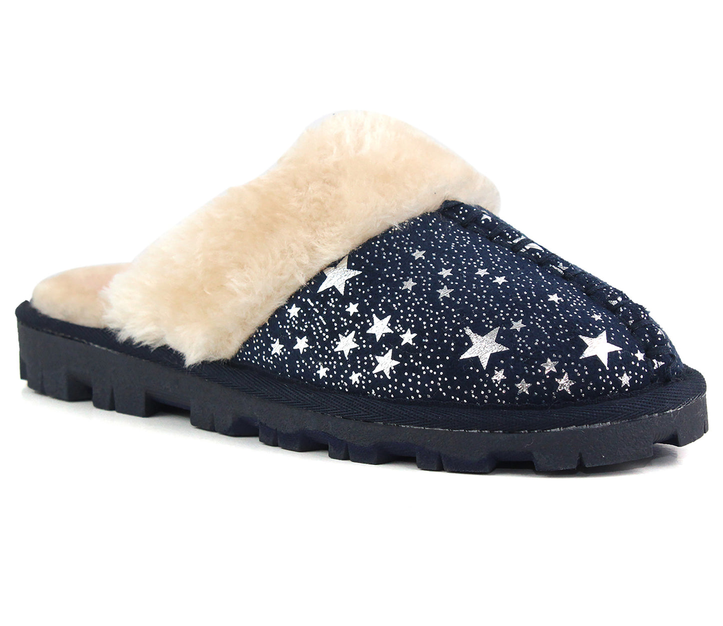 HELEN Womens Faux Fur Lined Mules Star Slippers in Navy