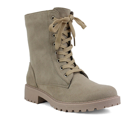 B776123 Womens Faux Suede Fashion Combat Boots in Beige