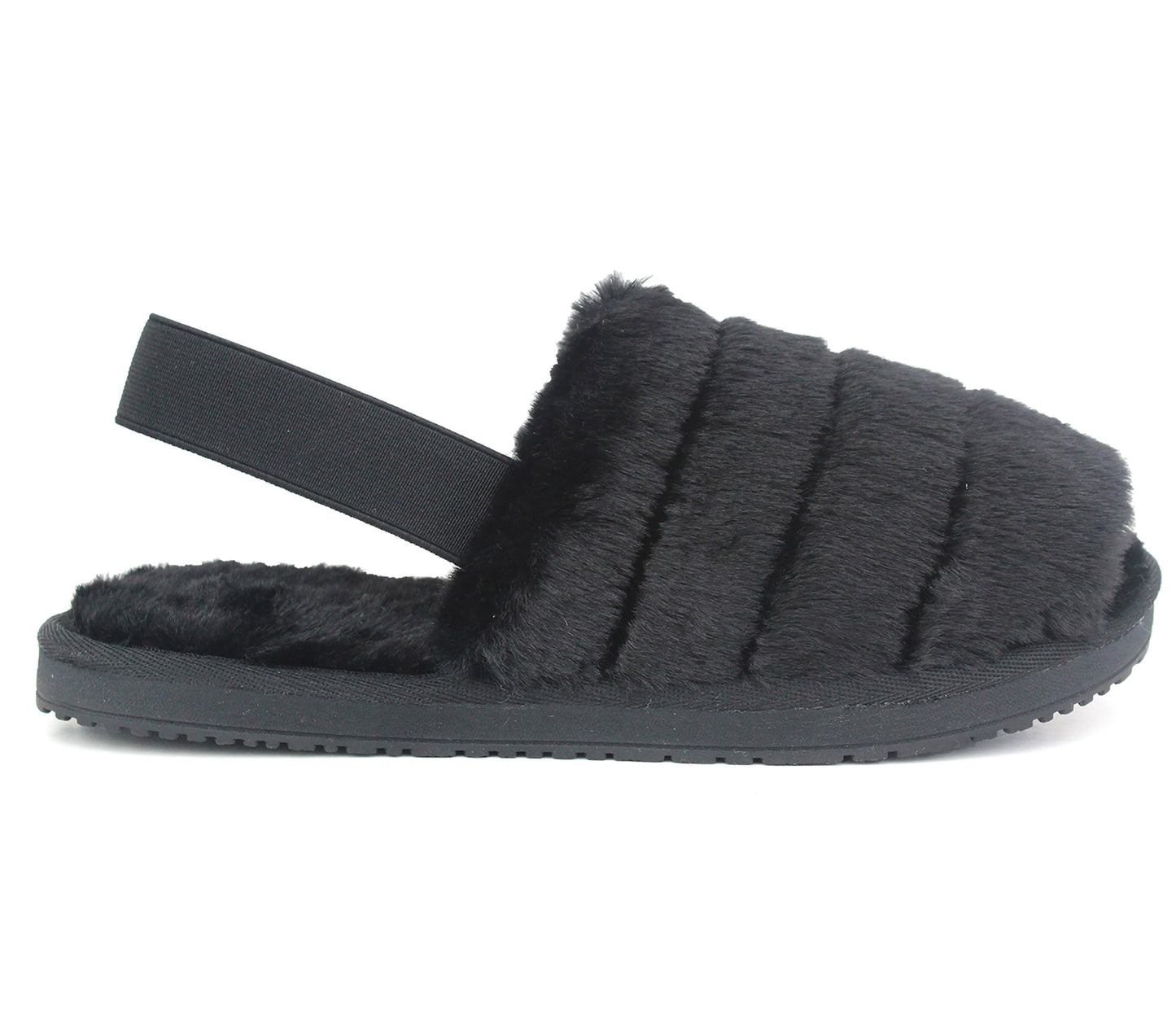 SUSIE Womens Faux Fur Elastic Strap Slippers in Black