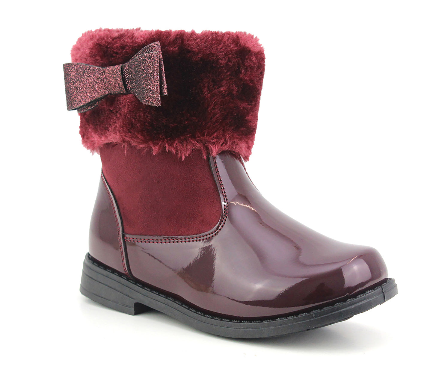 JANE Girls Kids Patent Fur Boots in Burgundy