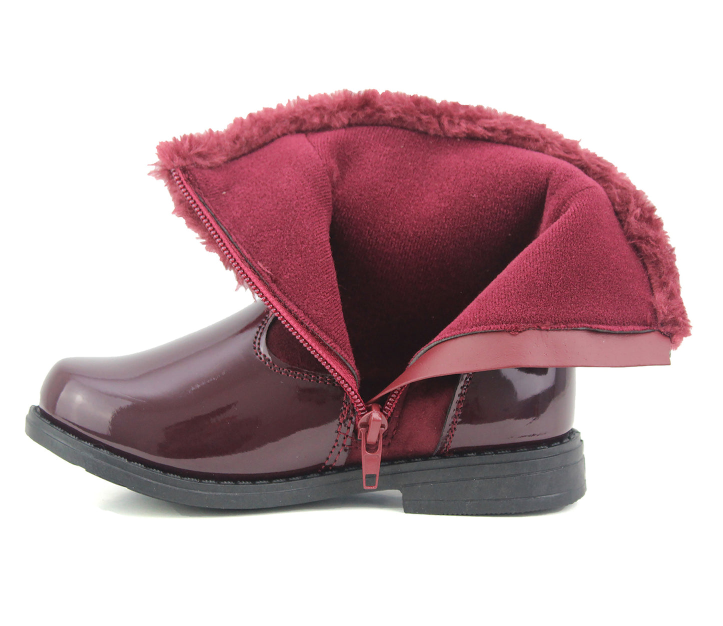 JANE Girls Kids Patent Fur Boots in Burgundy