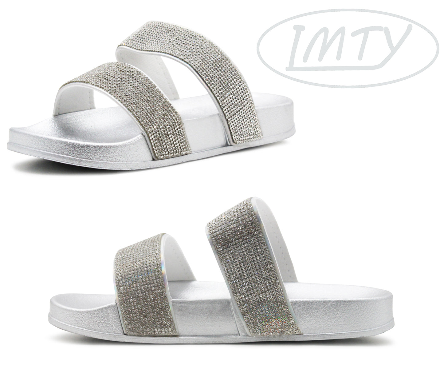 HOPE Womens Diamante Sliders in Silver