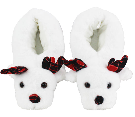 B591733 Kids Unisex Novelty Reindeer Christmas Slippers in White