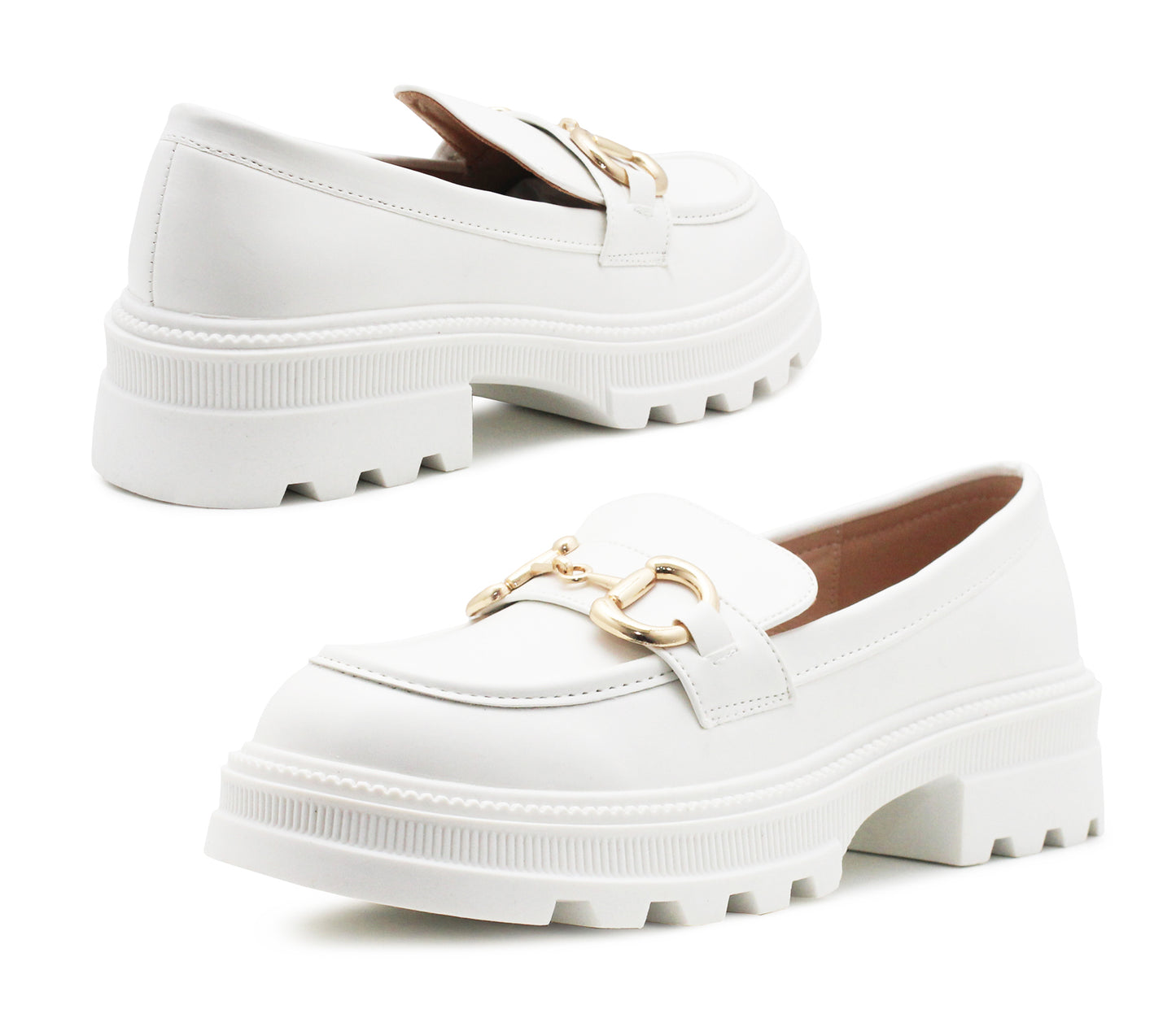 B852880 Womens Platform Sole Chunky Fashion Loafers in White